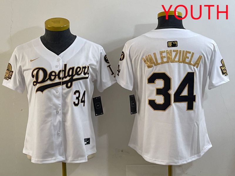 Youth Los Angeles Dodgers 34 Valenzuela White Gold Game 2025 Nike MLB Jersey style 1